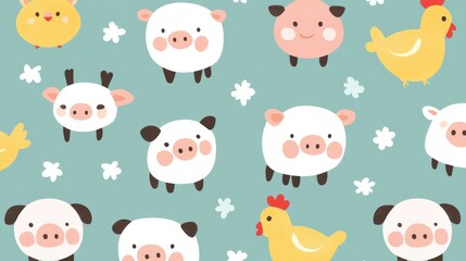 Fototapeta premium Cute Cartoon Farm Animals on a Colorful Background with Flowers and Cheery Design
