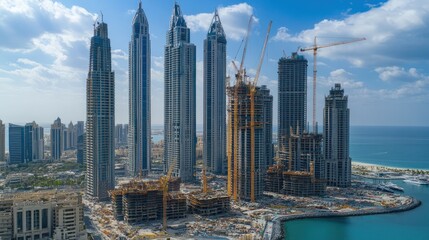 Obraz premium A cityscape view showing a cluster of high-rises under construction with cranes at work.