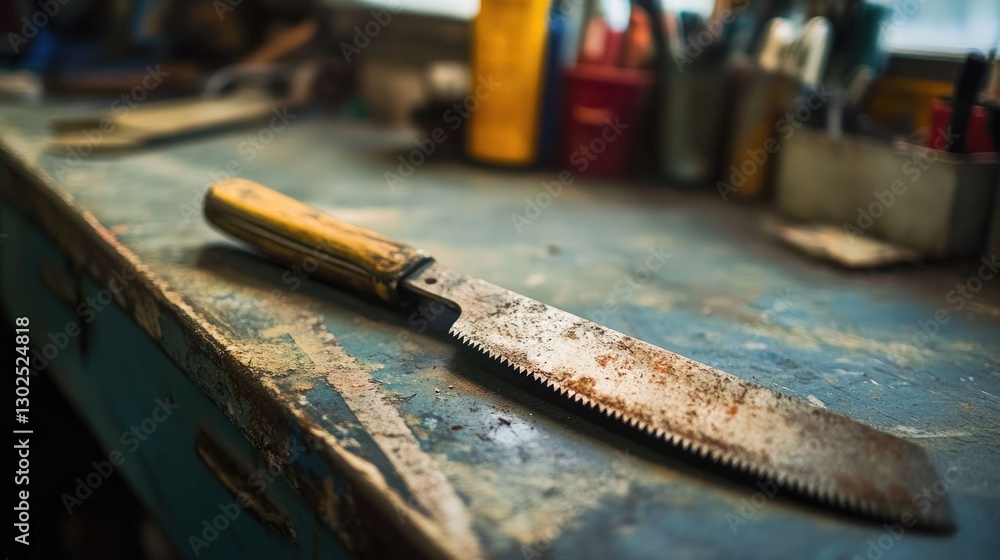 Poster a close-up of a sharp handsaw with a wooden handle, resting on a workbench.