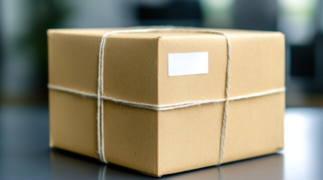Neatly wrapped cardboard box with blank label and string on table