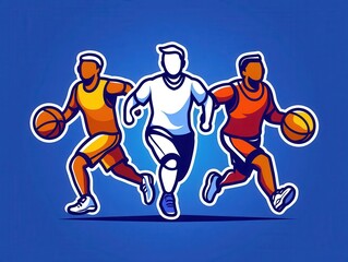 Three basketball players in dynamic motion on a vibrant blue background