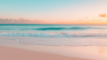 Obraz premium Discover serene ocean views and tranquil sandy shores at sunrise, perfect for relaxation and rejuvenation by the beach.