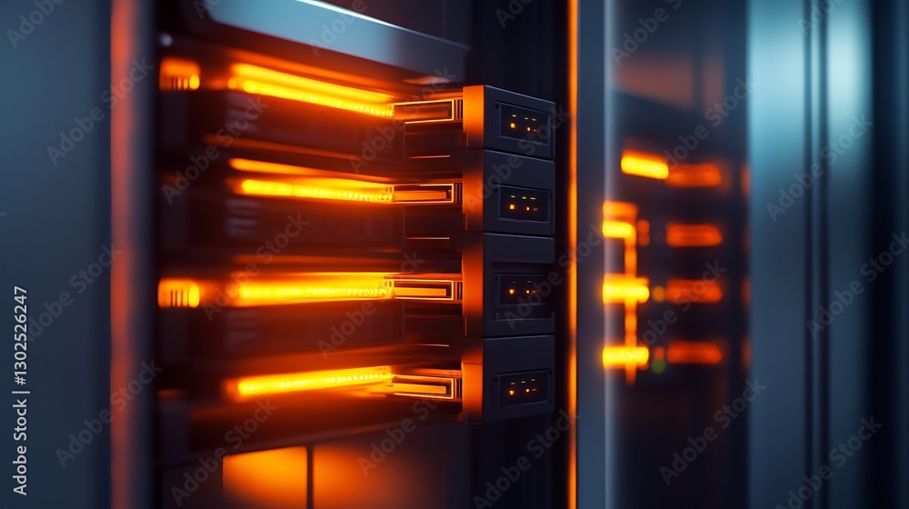 Poster illuminated server racks in dark data center system technology