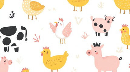Cute Hand-Drawn Farm Animal Illustrations on White Background for Children’s Decor