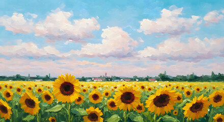 Fototapeta premium sunflower blooming field and blue sky