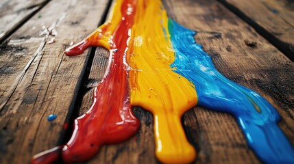 Vibrant Primary Colors Flowing Splendidly Across Weathered Wooden Boards