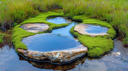 Smooth Gray Stones in a Bed of Green Moss and Clear Water