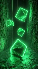 Glowing Cubes: Floating, vibrant green neon cubes in a dark, textured environment create a futuristic and captivating scene.