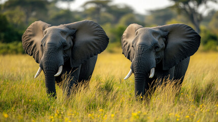 Fototapeta premium Elephants in grassy field, showcasing their large ears and tusks, embodying beauty of wildlife in natural habitat
