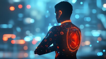Digital Sentinel: A futuristic figure, clad in a neon-lit suit, stands vigilant, gazing out over a cityscape. The scene encapsulates both technology and a sense of human interaction with innovation.