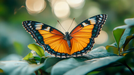 Fototapeta premium vibrant butterfly with orange and black wings perched on green leaves, surrounded by soft, blurred background. image captures beauty of nature and delicate details of butterfly wings