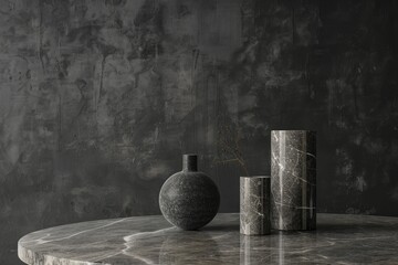 Elegant marble vases displayed on a dark marble table against a textured black wall, creating a sophisticated ambiance