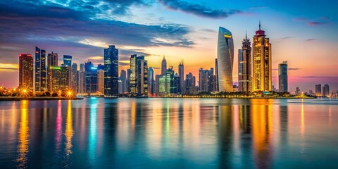 Obraz premium Doha Corniche Skyline: Seaside Cityscape with Bokeh Lights at Dusk