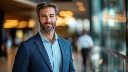 Fototapeta premium confident man in suit stands in modern office environment, smiling warmly. background features blurred figures and soft lighting, creating professional atmosphere
