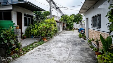 Obraz premium Exploring urban thailand a compact house in a crowded area architecture lush greenery street view modern living