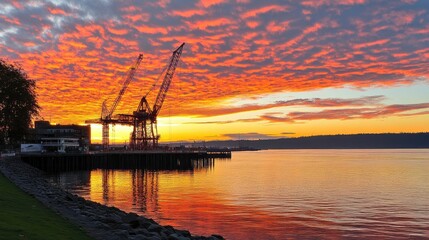 Obraz premium A dramatic sunset sky with the silhouette of a massive construction crane.