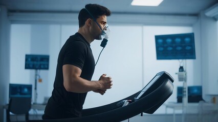 ahtlete wearing oxygen mask for treadmill exercise test in a laboratory