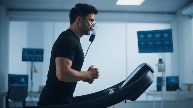 ahtlete wearing oxygen mask for treadmill exercise test in a laboratory
