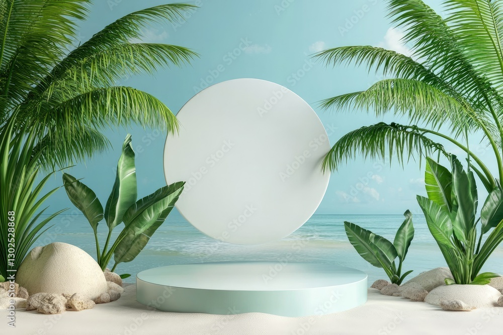 Poster summer background template composition with podium stage palm trees and beach objects