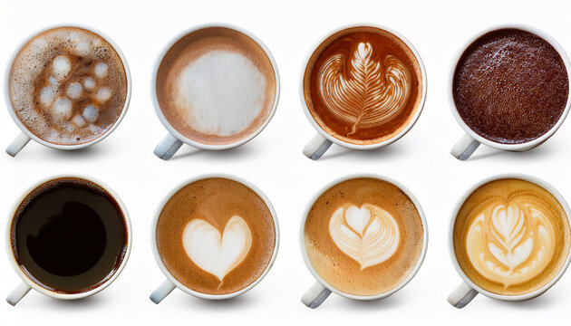 Coffee Variety: Top-Down Studio Shot of Eight Cups Displaying Different Coffee Types Including Latte Art, Cappuccino, and Black Coffee, Isolated on White Background, Ideal for Coffee Shop Menus, Bever