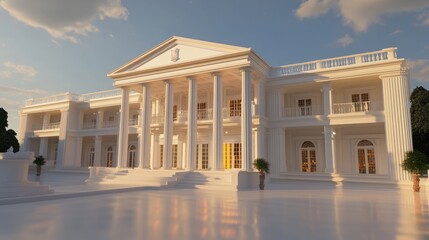 A government building under construction, featuring classic columns and modern design elements.