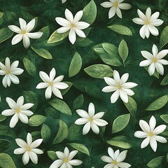 Obraz premium Elegant White Flowers Dark Green Leaves Botanical Pattern