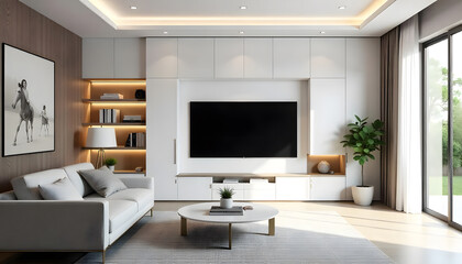A Tv cabinet design with white wall paneling and stanless shelf.