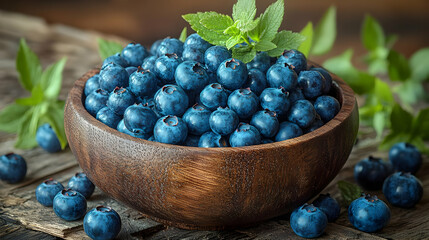 Fresh Blueberries In Wooden Bowl