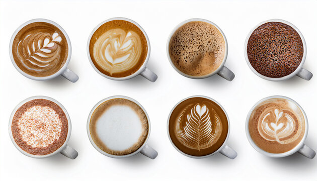 Coffee Variety: Top-Down Studio Shot of Eight Cups Displaying Different Coffee Types Including Latte Art, Cappuccino, and Black Coffee, Isolated on White Background, Ideal for Coffee Shop Menus, Bever