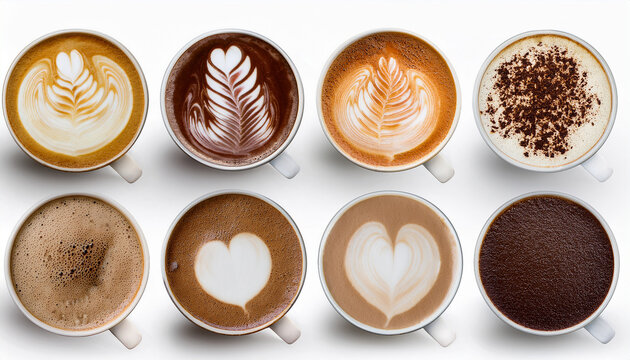 Coffee Variety: Top-Down Studio Shot of Eight Cups Displaying Different Coffee Types Including Latte Art, Cappuccino, and Black Coffee, Isolated on White Background, Ideal for Coffee Shop Menus, Bever