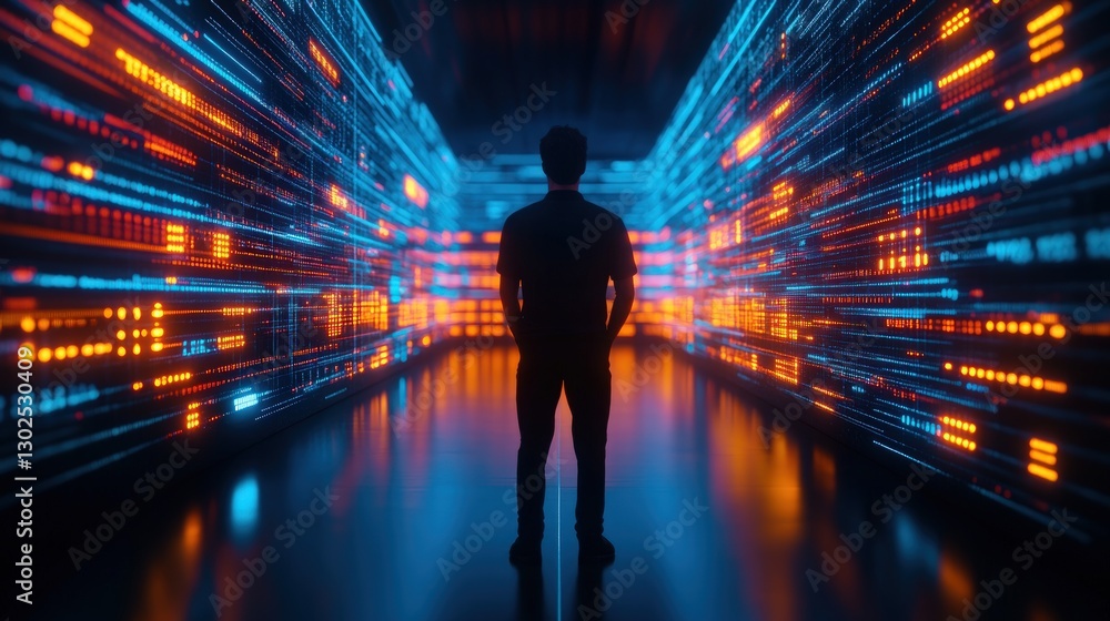 Poster man contemplating futuristic data tunnel