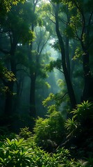Fototapeta premium A Detailed Background Image Depicting A Dense Forest With Lush Green Foliage, Illuminated By Dappled Sunlight, Rendered In A Photorealistic Style, Using A High Dynamic Range To Captu.