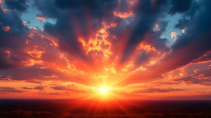 Obraz premium Vibrant Sunrise Breaking Through Storm Clouds, Symbolizing Hope Amid Global Challenges – Generative AI