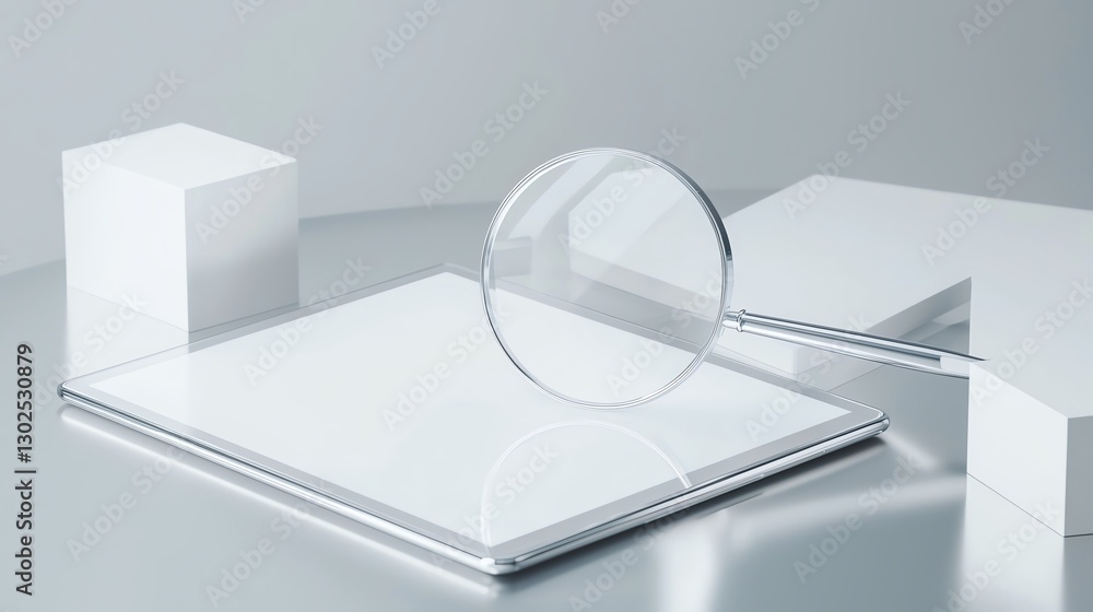Poster abstract composition of geometric shapes with magnifying glass on a reflective surface.