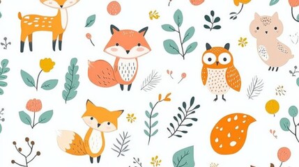 Cute woodland animal patterns with foxes, deer, owls, and colorful plants