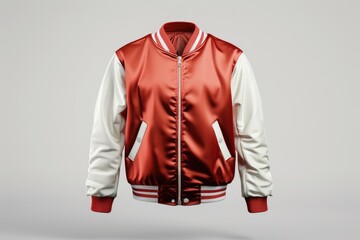 Stylish red and white varsity jacket displayed against a plain background, emphasizing its design and texture