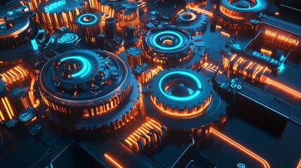 Futuristic vision of a dynamic tech ecosystem with startups as integral parts of a digital machine