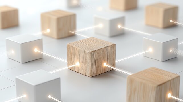 Abstract digital connection of wooden and white cubes representing network technology and communication innovation.