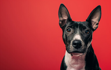 Obraz premium Miniature Bull Terrier dog on minimalistic colorful background with Copy Space. Perfect for banners, veterinary ads, pet food promotions, and minimalist designs.
