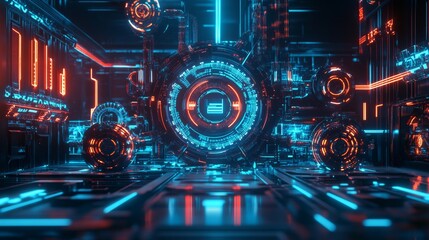 A futuristic vision of a tech ecosystem  startups as cogs in a large neon illuminated machine
