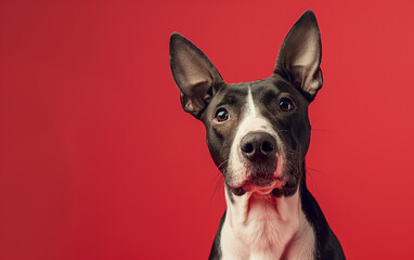 Miniature Bull Terrier dog on minimalistic colorful background with Copy Space. Perfect for banners, veterinary ads, pet food promotions, and minimalist designs.