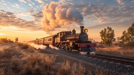 Obraz premium Vintage steam train traveling across vast plains at sunrise.