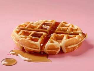 Delicious golden waffles drizzled with syrup on a pastel pink background, perfect for food photography