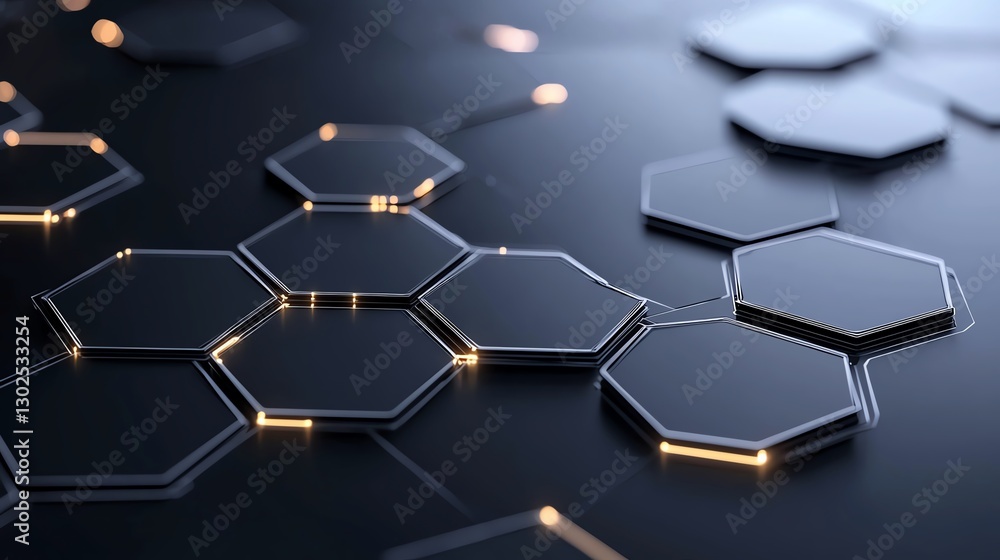 Poster abstract hexagonal geometric pattern with soft lighting on a dark background, showcasing futuristic 