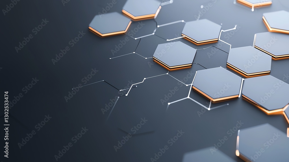 Poster abstract hexagonal grid with metallic edges on dark background, representing modern technology and i