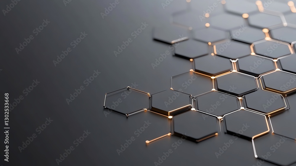 Poster abstract hexagonal pattern with golden highlights on dark surface, symbolizing connectivity and mode