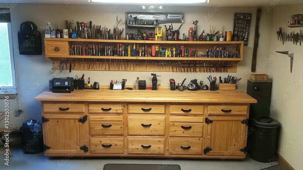 Poster a neatly arranged workbench featuring an array of essential hand tools for repairs.