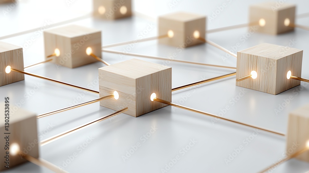 Poster abstract network concept with glowing cubes connected by lines, symbolizing connectivity and data tr