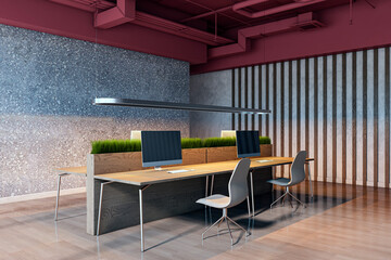 Modern office interior with shared wooden desk, computers, and greenery divider in stylish loft design. 3D Rendering