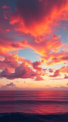 A Detailed, Highly Realistic Digital Painting Of A Vibrant Sunset Over A Calm Ocean, Featuring Warm Oranges, Deep Reds, And Soft Purples, With A Long Exposure Effect Creating Soft Li.